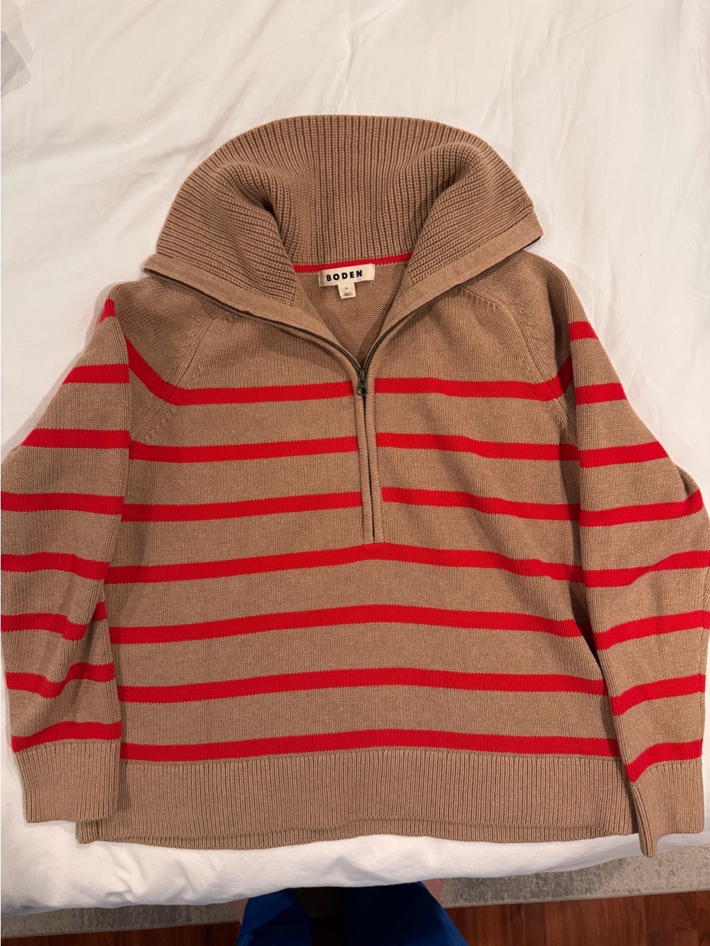 Boden Half Zip Pullover Sweater, Camel Melange with Red Stripes - Picture 3 of 6